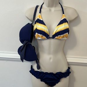 Venus 3 Piece Set Bikini Navy Stripe Polka Dot, Sz 8 Bottom, Size DD Tops